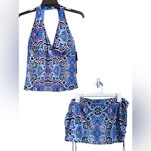 Jantzen Blue and Purple Paisley Tankini with Halter Neck and Skirt Plus Size 16